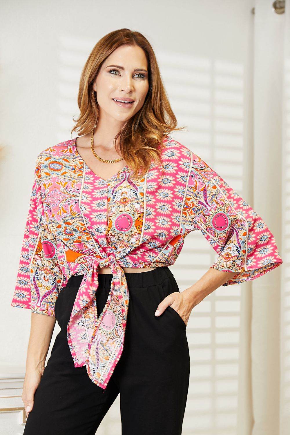 Tie Hem V-Neck Three-Quarter Sleeve Blouse Trendsi 046d1574b1514007906a17f3a7cd3978-Max