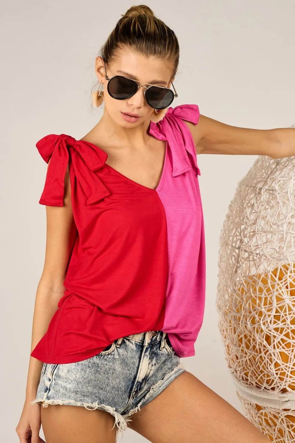 BiBi Shoulder Ribbon Tied Contrast Tank Trendsi 04e2b199-ab6a-43fa-812f-fc8922e325a7-Max