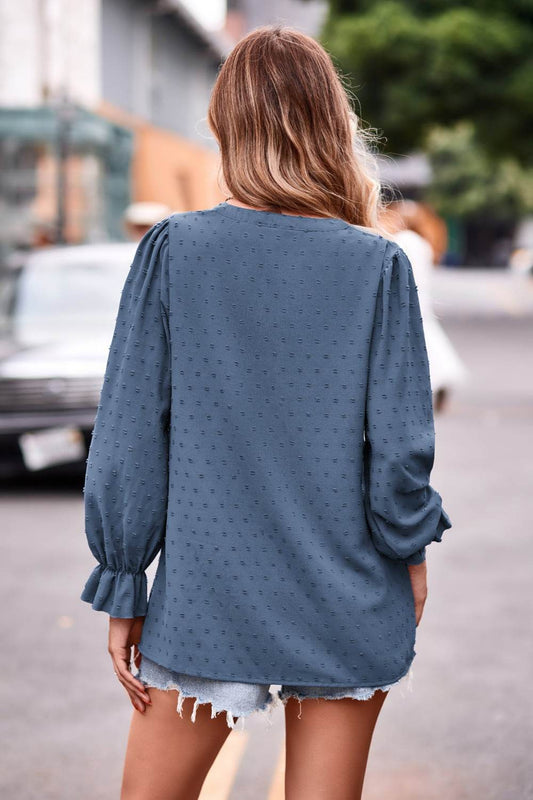 Swiss Dot Notched Neck Flounce Sleeve Blouse Trendsi 04e35159f23c413b961d1b7151bc9008-Max
