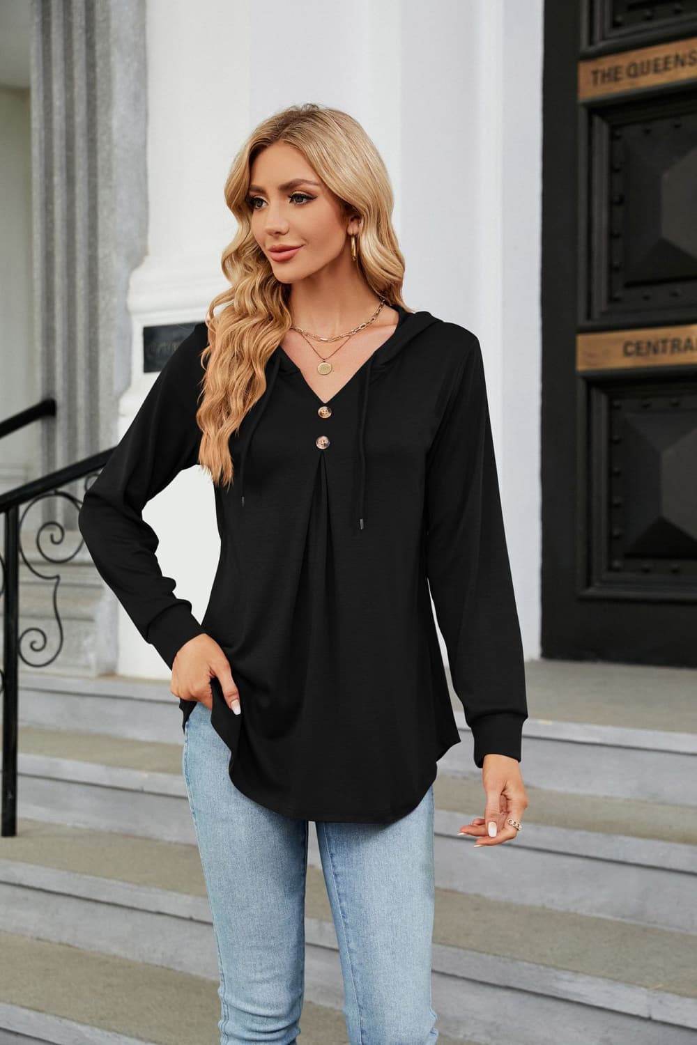 Long Sleeve Hooded Blouse Black Trendsi 04e50354ea704dbcacce7bad94d42835-Max