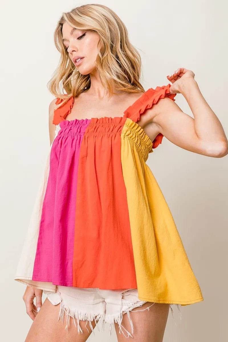 BiBi Frill Shoulder Strap Color Block Bodice Top FUCHSIA CORAL BANANA Trendsi 051bb03c9a5349378a3ca6115fed6d2e-Max-Origin