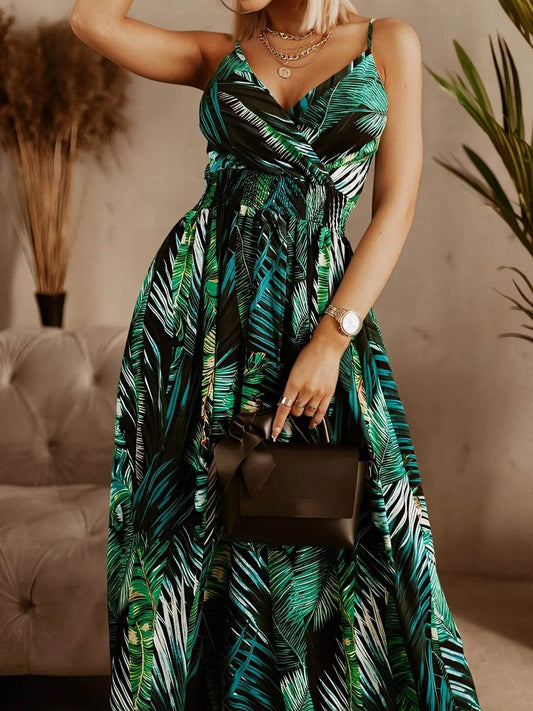 Smocked Printed Surplice Maxi Cami Dress Dark Green Trendsi 05226018-77dd-4012-b531-6efe305c7a9e-Max-Origin
