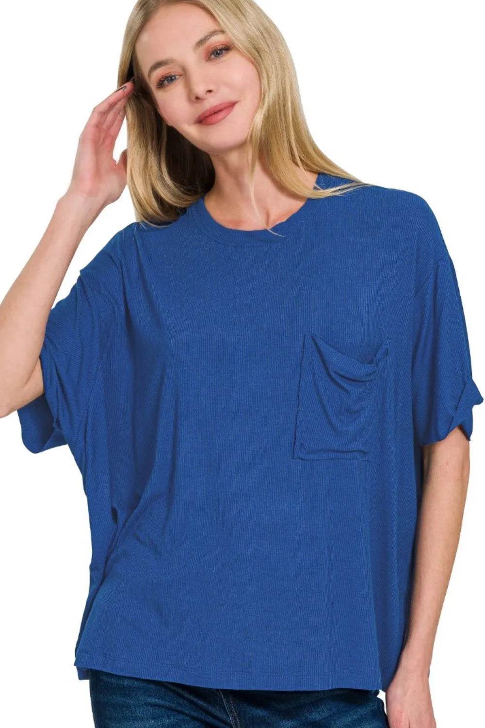 Zenana Oversized Ribbed Round Neck Short Sleeve Tee LT NAVY Trendsi 0523ec99-ec60-40fe-a45f-181ec52ce284-Max-Origin