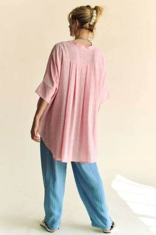 Davi & Dani Rhinestone Pleat Back Short Sleeve Loose Fit Shirt Trendsi 052c69a789d84df29d27274305fc21b9-Max-Origin