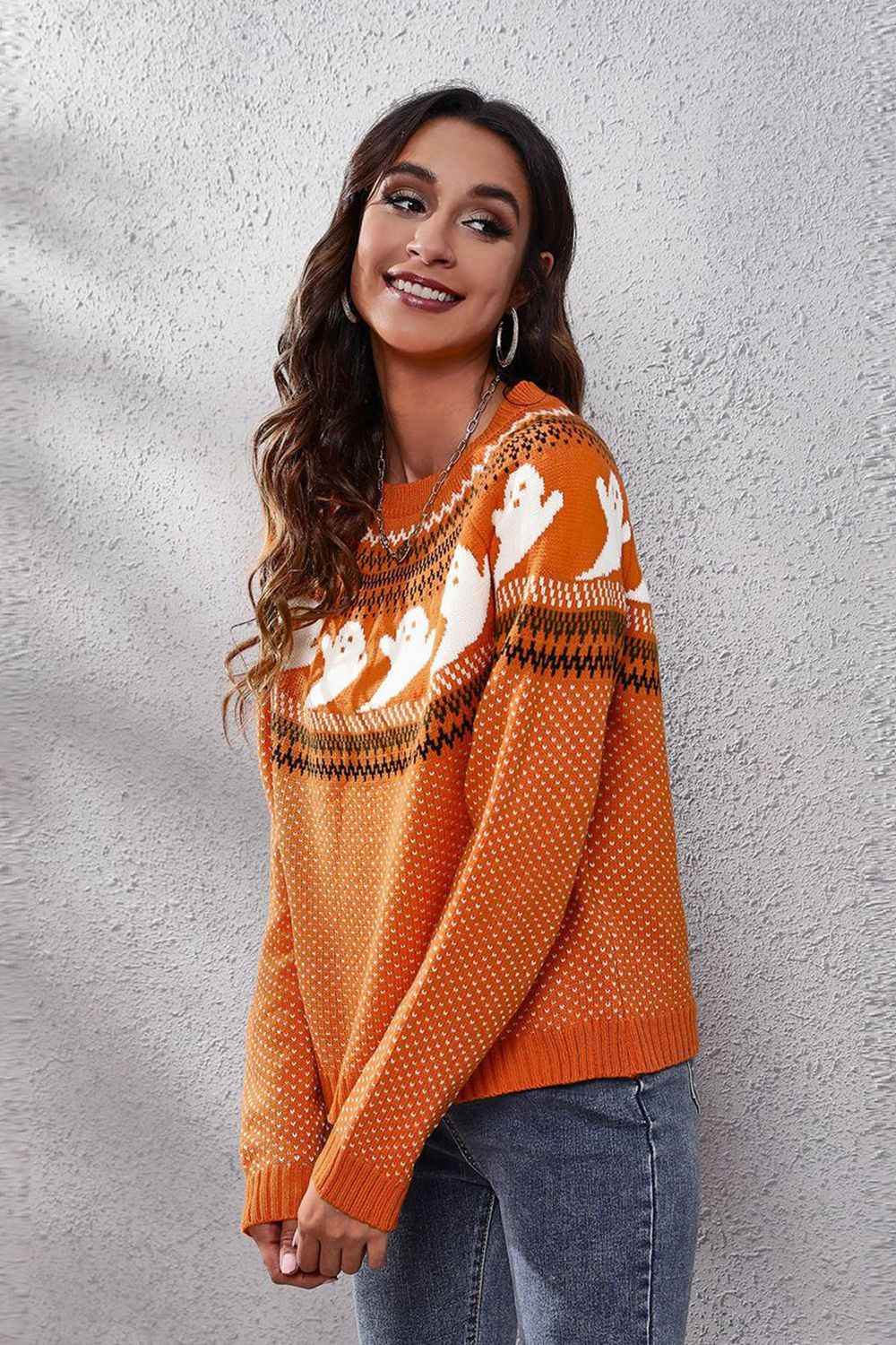 Ghost Pattern Round Neck Long Sleeve Sweater Trendsi 0542f7dcb99748b29a8d0c016c15fae2-Max