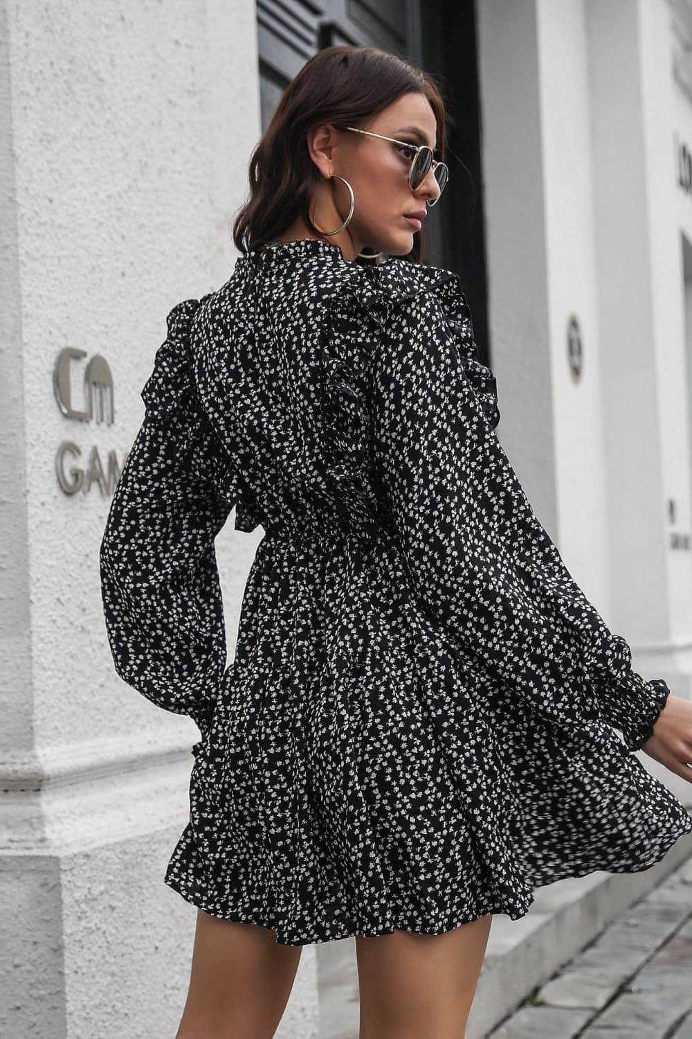 Printed Ruffle Trim Smocked Long Sleeve Mini Dress Trendsi 05589bbc44b24315b92311d104862be0-Max