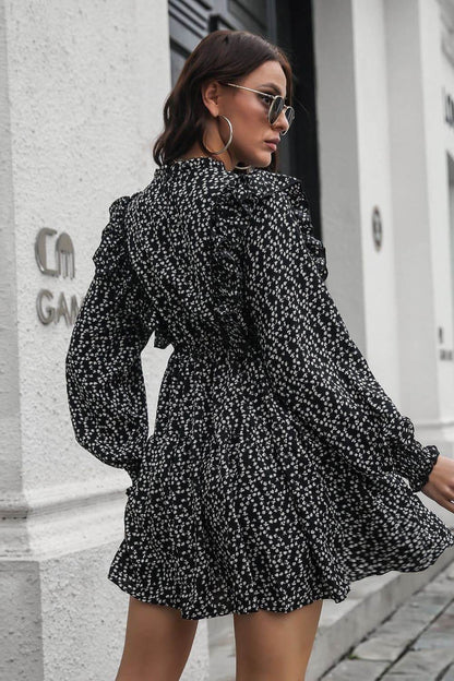 Printed Ruffle Trim Smocked Long Sleeve Mini Dress Trendsi 05589bbc44b24315b92311d104862be0-Max