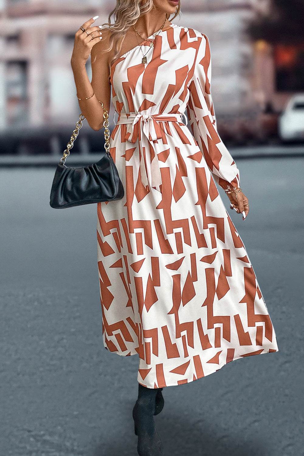 Printed One-Shoulder Tie Waist Dress Trendsi 055ae6c4a531455f9c86eb7fa5b0a9a6-Max