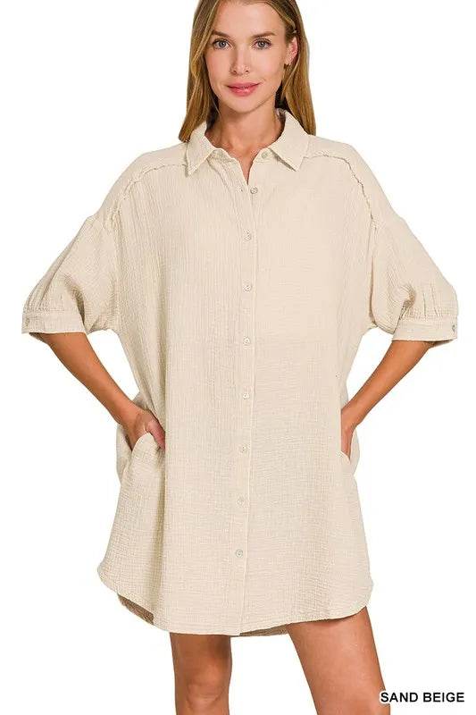 Zenana Washed Double Gauze Button Down Shirt Dress SAND BEIGE Trendsi 057c6911e6b748a4b28683da54f8761d-Max-Origin