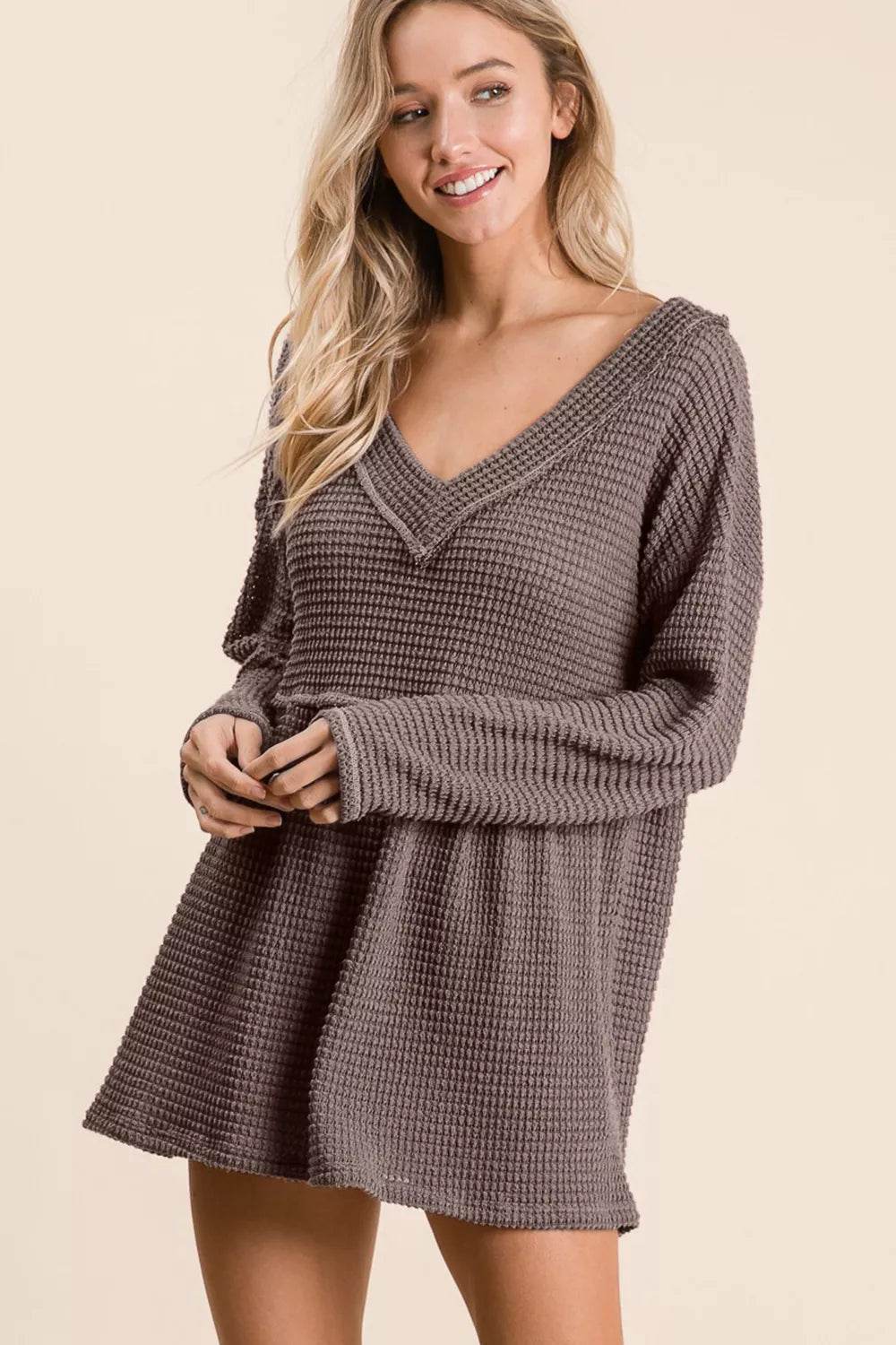 BiBi Waffle Knit V-Neck Babydoll Blouse Trendsi 058aef06-e9c6-495f-af02-cc3b4ced6aa1-Max