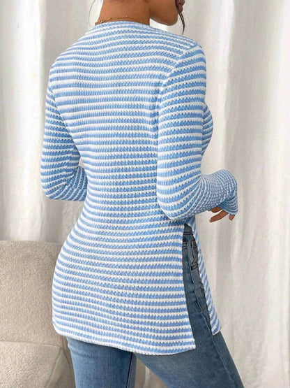 Side Slit Striped Long Sleeve T-Shirt Trendsi 05980aadaa334f488767fb5f7b0502fd-Max-Origin
