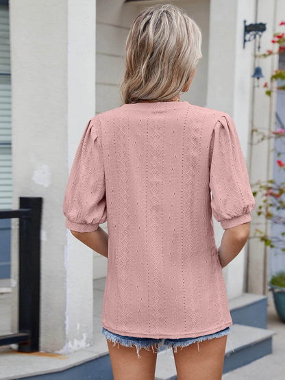 Eyelet V-Neck Puff Sleeve Casual Top Trendsi 05bceea3ff2c4276b4ff3952b61700da-Max-Origin