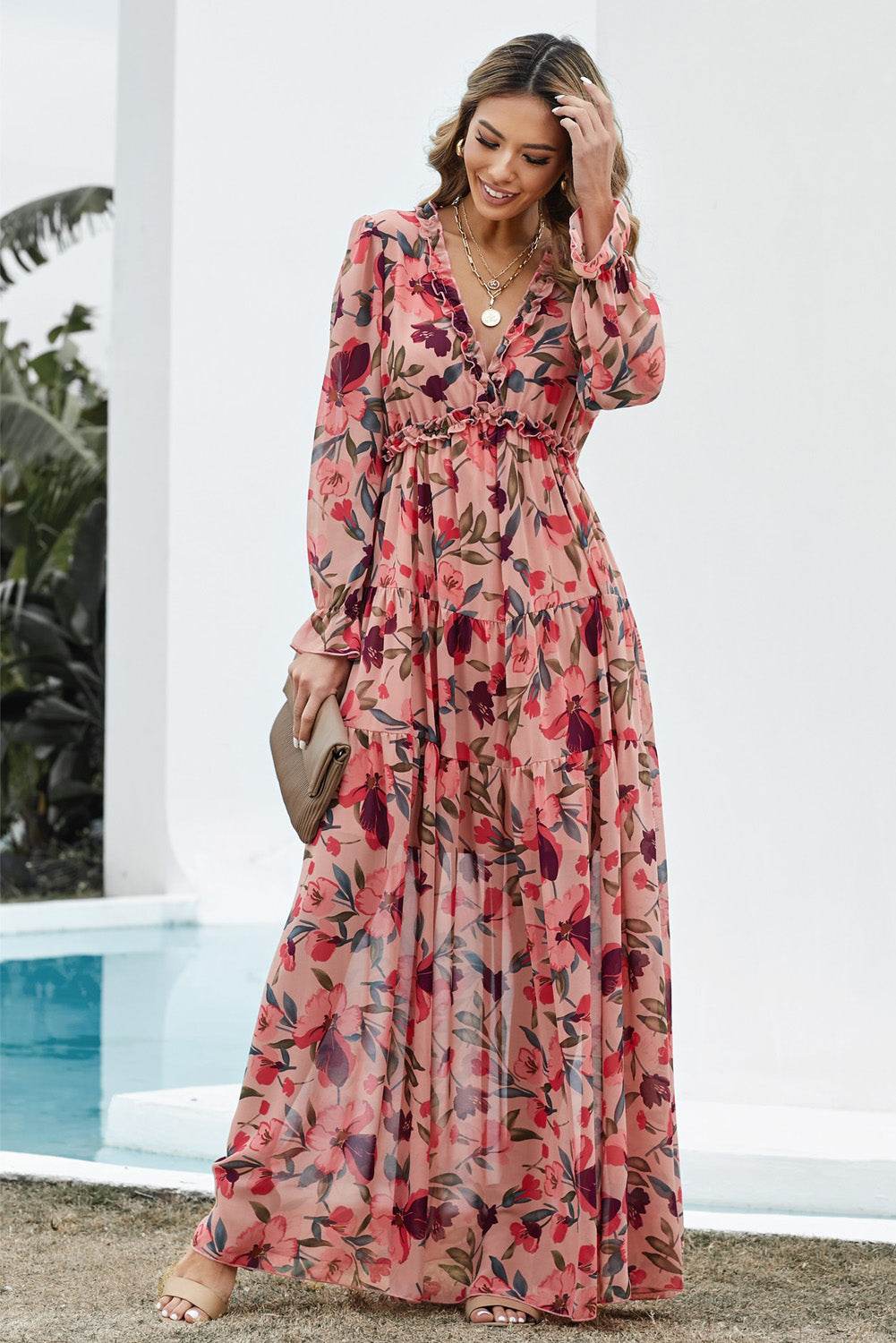 Floral Frill Trim Flounce Sleeve Plunge Maxi Dress Floral Trendsi 05d28e347c9d4750b415031918908fa4-Max