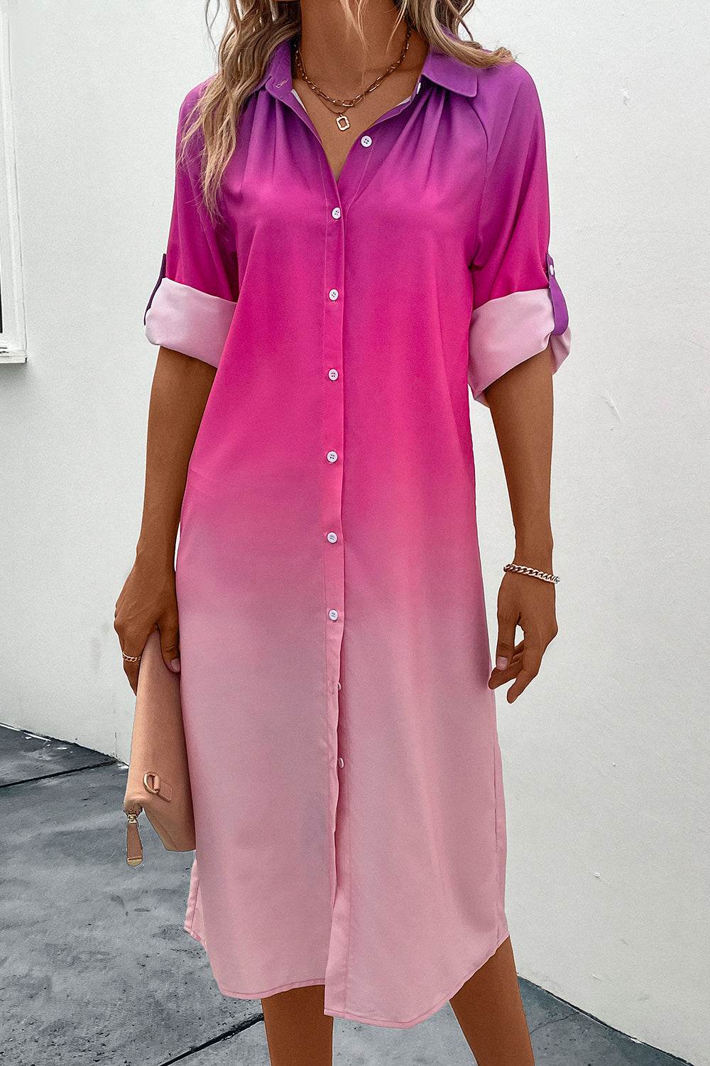 Perfee Gradient Long Sleeve Shirt Dress Hot Pink Trendsi 05e43467dad047fe8405a55c39efccd2-Max