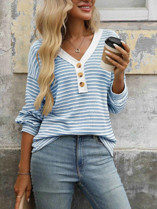 Striped V-Neck Button Front Casual Top Sky Blue Trendsi 06024434b6dc4c429fa97011f27a9604-Max-Origin