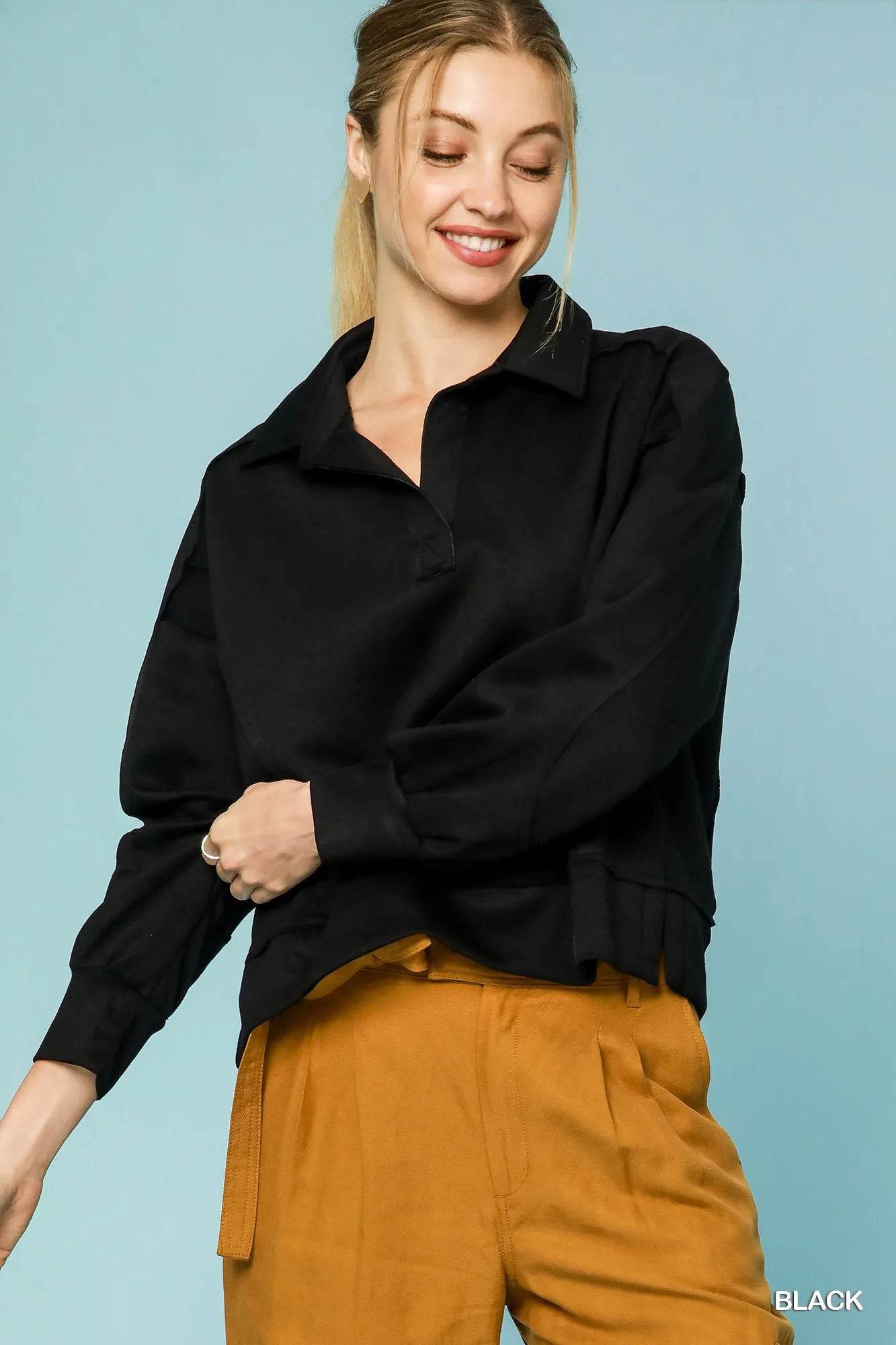 Umgee Collared Neck Long Sleeve Top with Raw Hem Detail Black Trendsi 0603aab9-a480-4ad8-9ceb-4bf56de497d3-Max-Origin