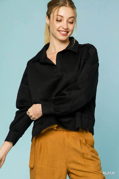 Umgee Collared Neck Long Sleeve Top with Raw Hem Detail Black Trendsi 0603aab9-a480-4ad8-9ceb-4bf56de497d3-Max-Origin