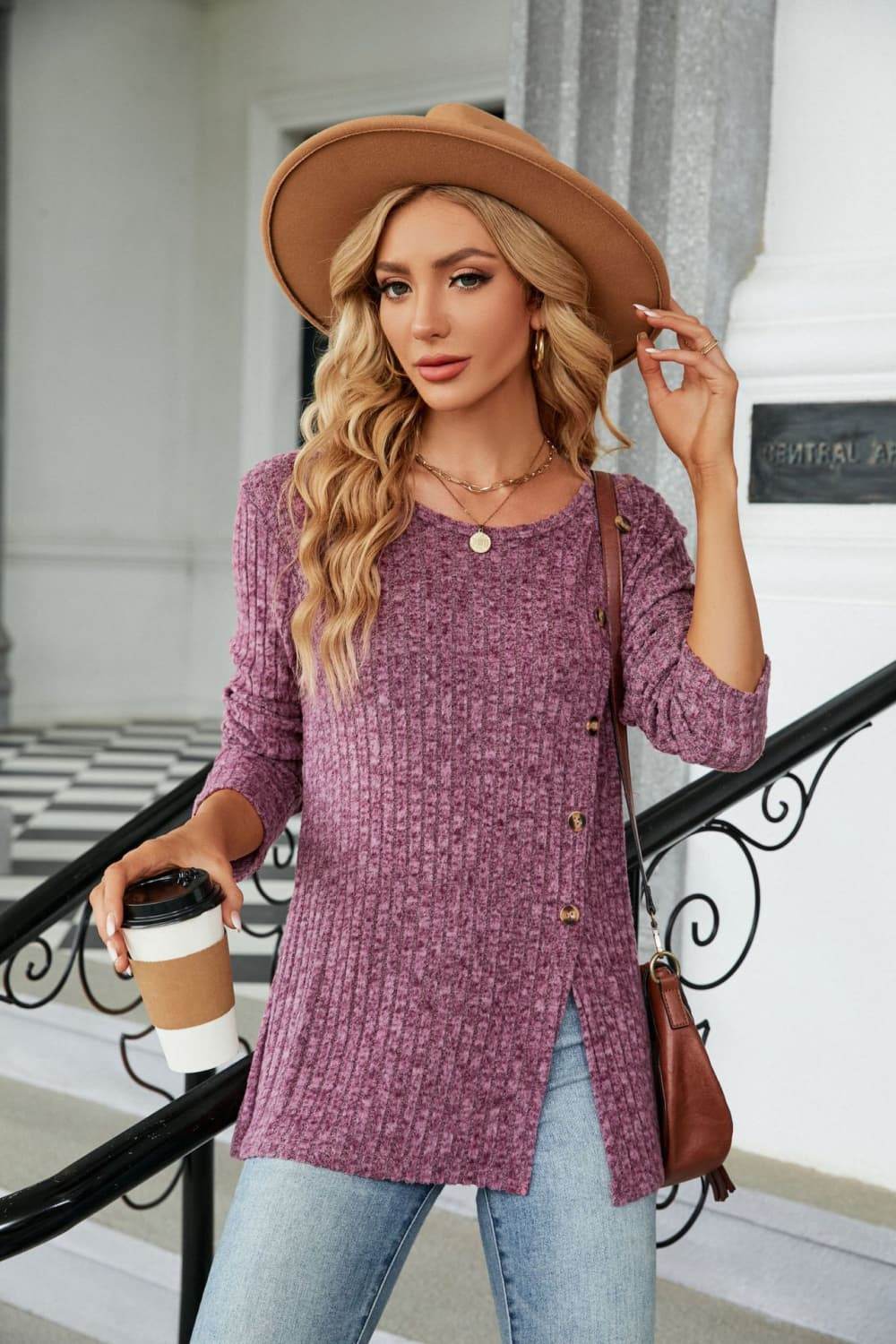 Buttoned Long Sleeve Slit Top Trendsi 0605d1f114454ded9f4fd9a36b0cc3a5-Max