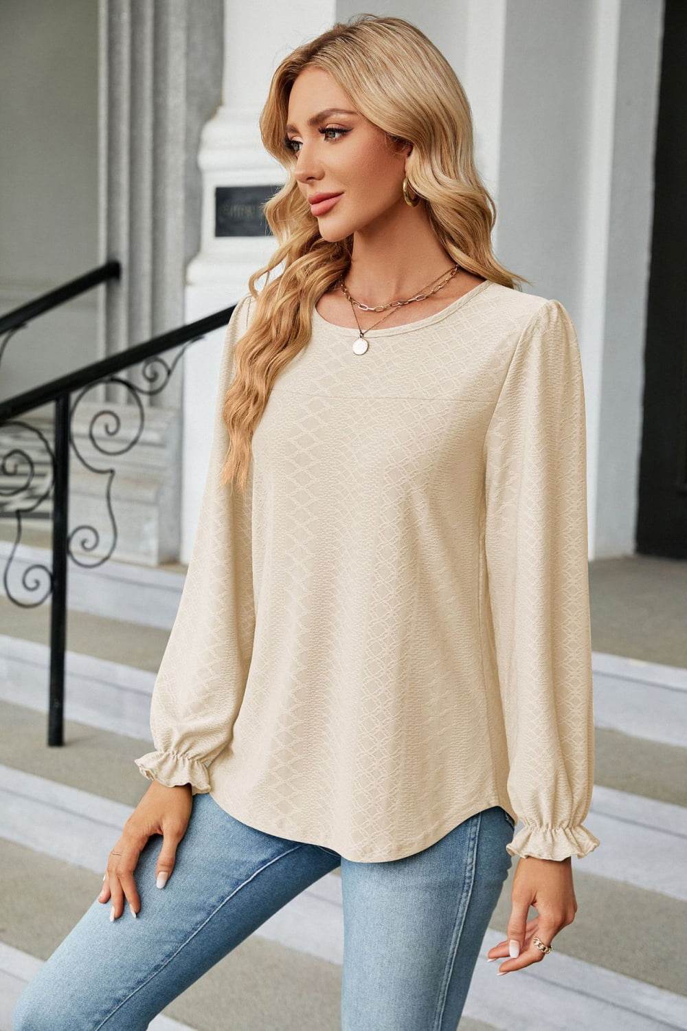 Round Neck Flounce Sleeve Blouse Trendsi 060a4c1d30f549329162465f27733941-Max