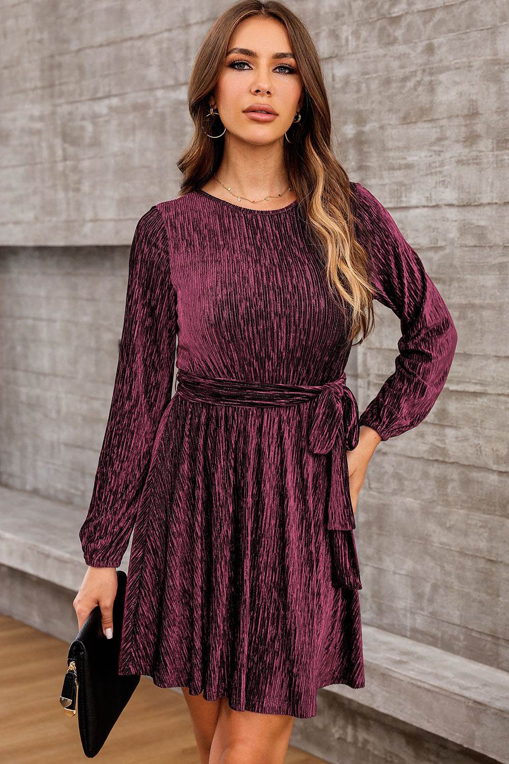Round Neck Tie Front Long Sleeve Dress Wine Trendsi 0621a646f88a45da8da54bb76e014ab8-Max