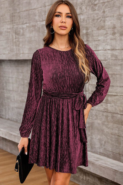 Round Neck Tie Front Long Sleeve Dress Wine Trendsi 0621a646f88a45da8da54bb76e014ab8-Max