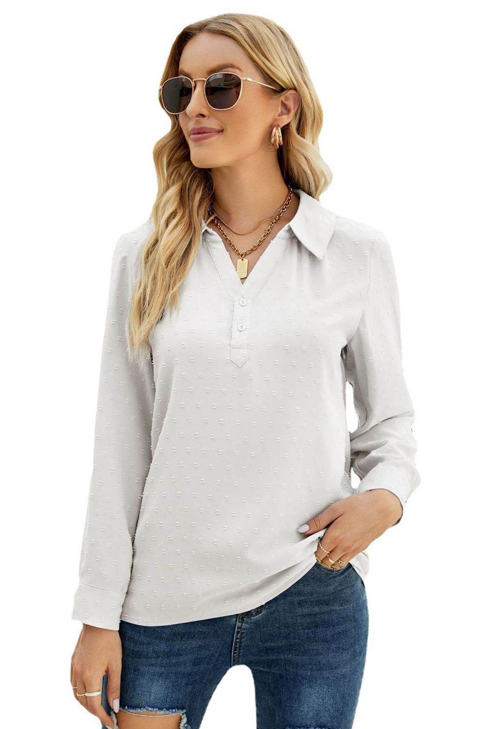 Swiss Dot Johnny Collar Blouse Trendsi 062eae0f63204e3da357d0200138919d-Max