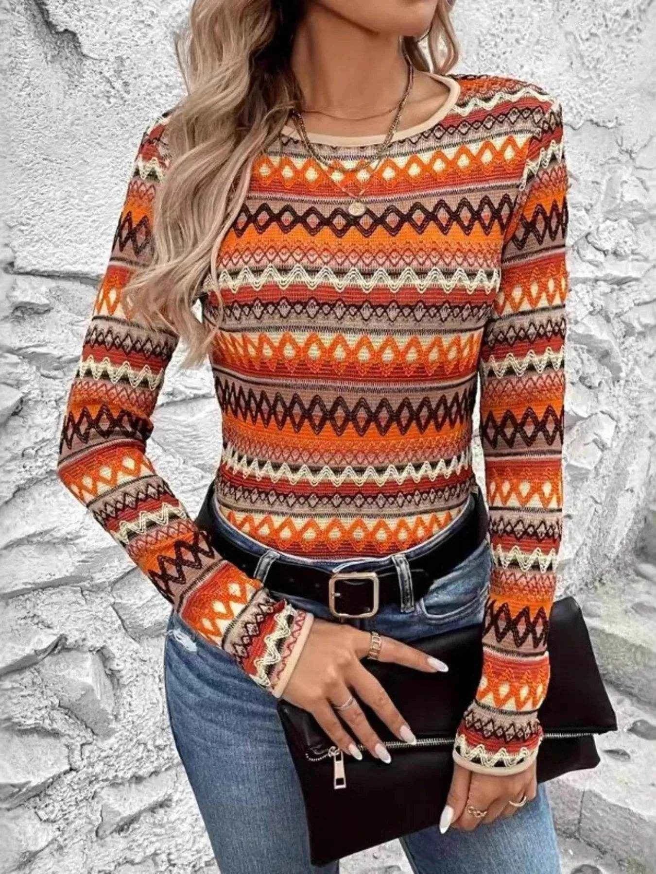 Bohemian Geometric Pattern Long Sleeve T-Shirt Orange Trendsi 062f6b32fc0944c0a74f09a322cadd87-Max-Origin