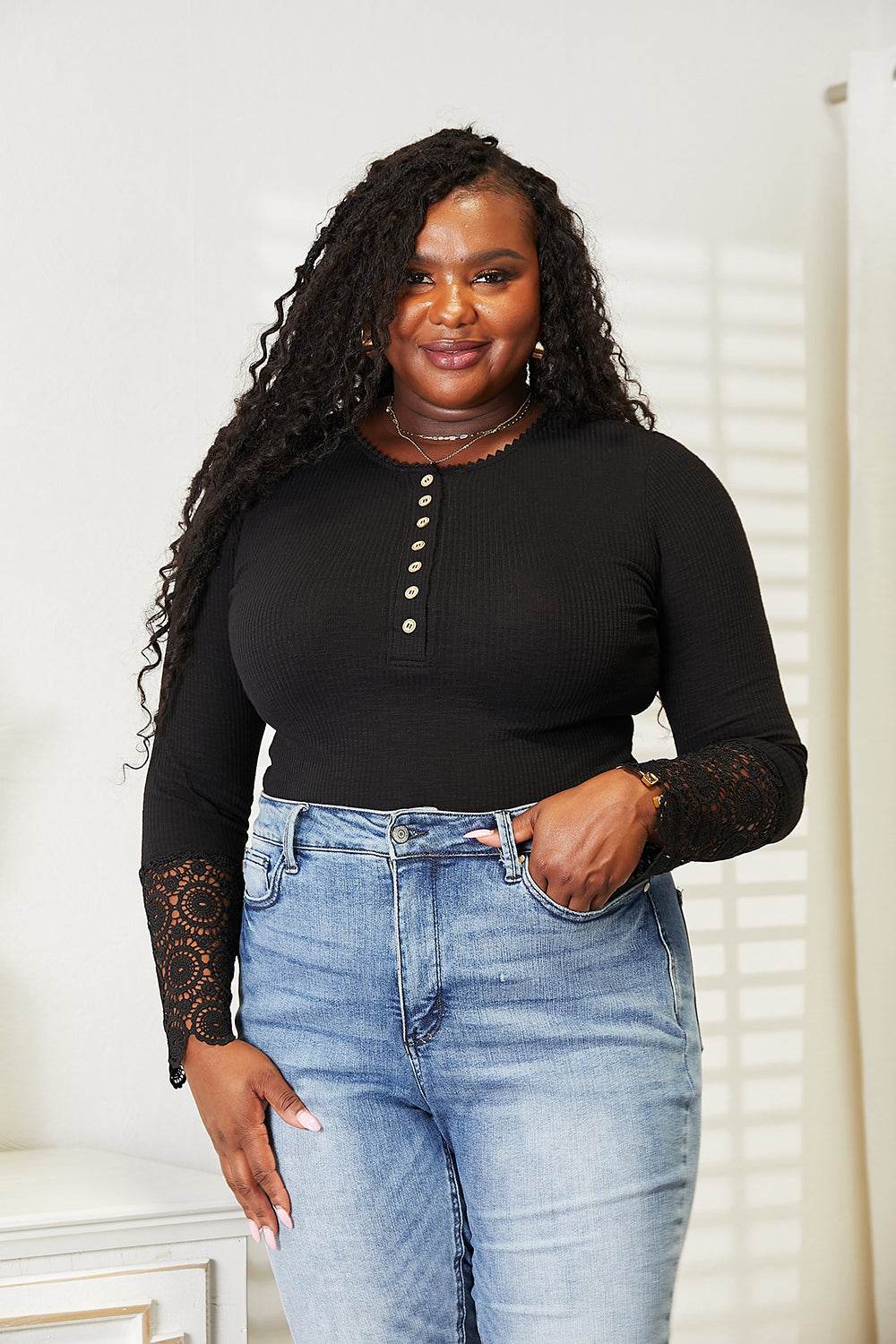 Double Take Crochet Lace Hem Sleeve Button Top Trendsi 06501c9fa2904b1dacc1445d79b4442b-Max