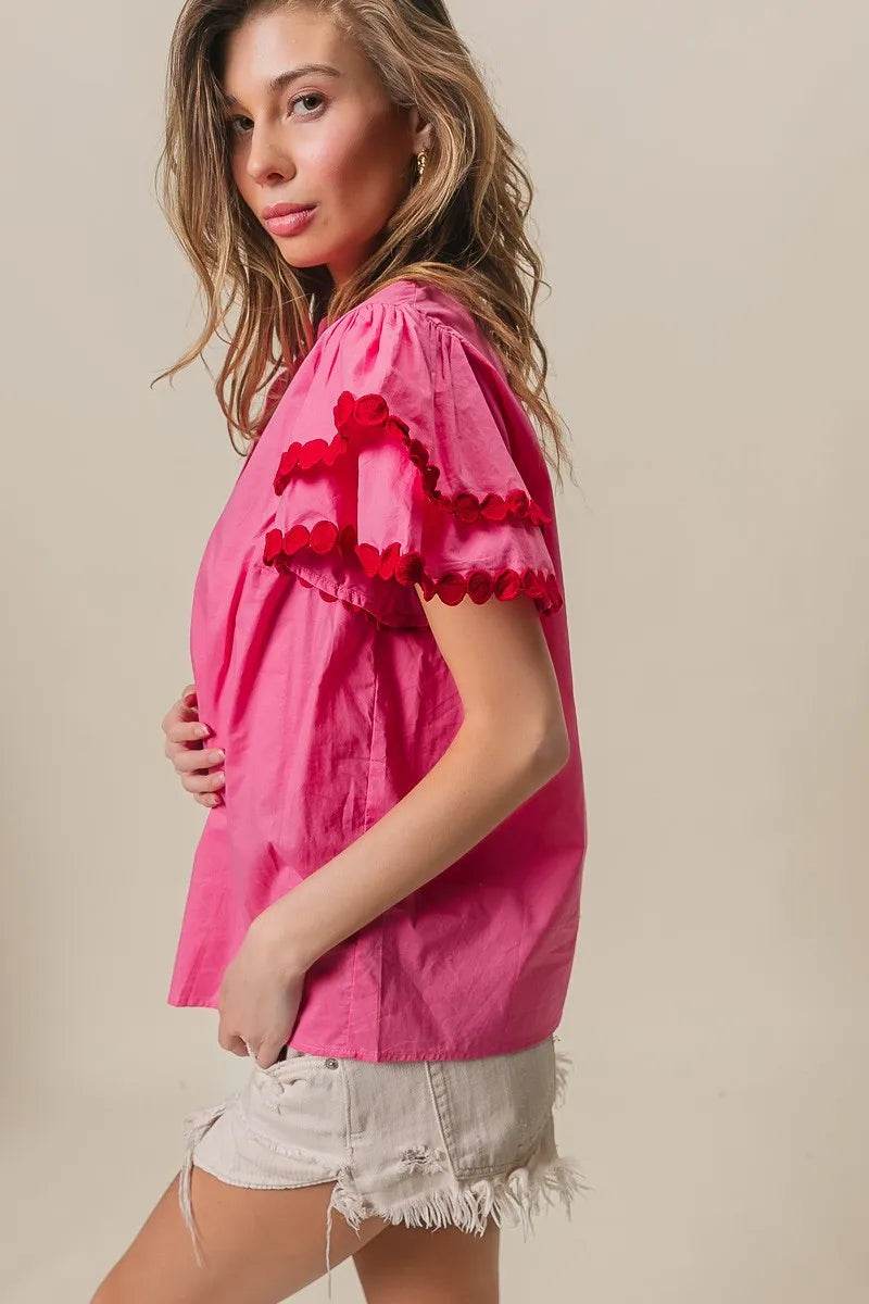 BiBi Dot Trim Flutter Sleeve Notched Top Trendsi 0653a37e89c248fab463fc45dc2b8cc4-Max-Origin