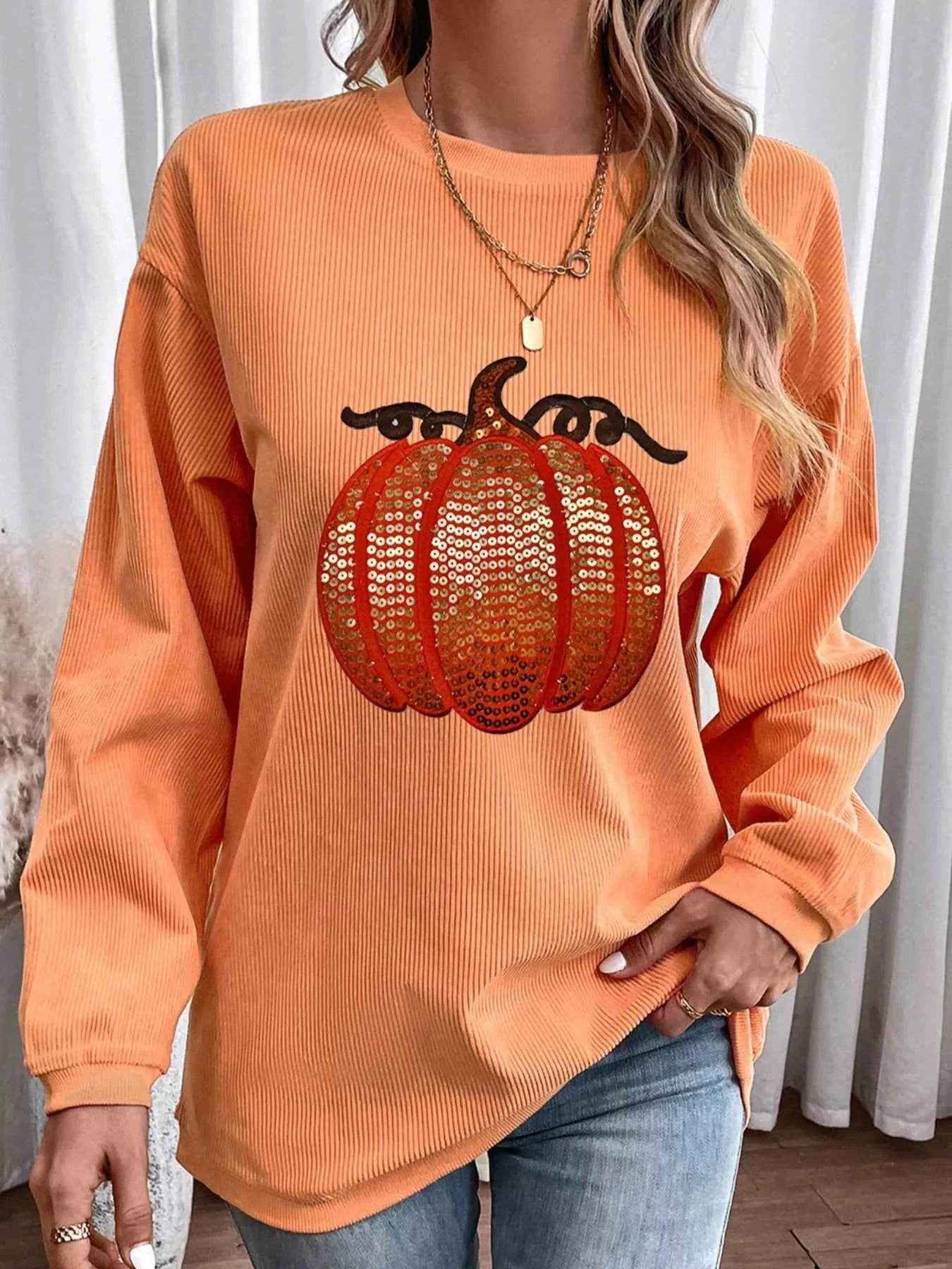 Halloween Sequined Pumpkin Ribbed Round Neck Sweatshirt Trendsi 0666403c-0855-4c38-994b-4c3abfd10382-Max-Origin