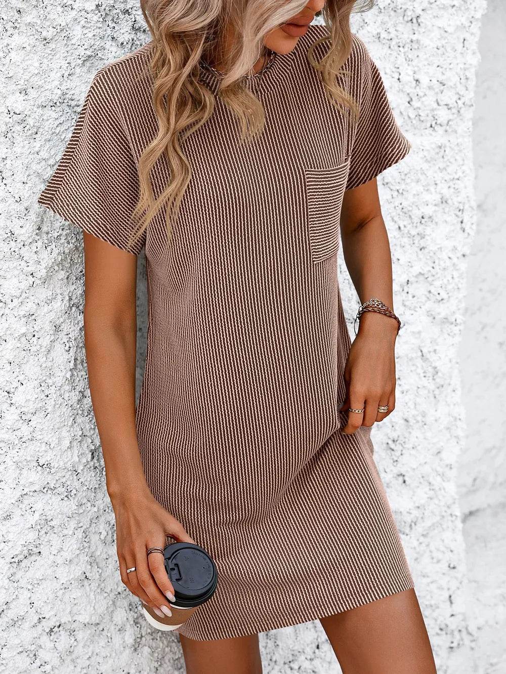 Mandy Ribbed Striped Short Sleeve Mini Tee Dress Taupe Trendsi 0674ee7b-c68d-45a9-8da7-c5fc7e12fe83-Max