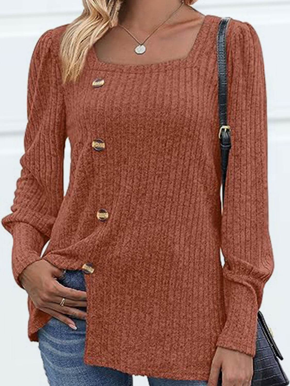 Decorative Button Square Neck Top Trendsi 06cebd0fc77b47b0aa1814516e2bdfde-Max