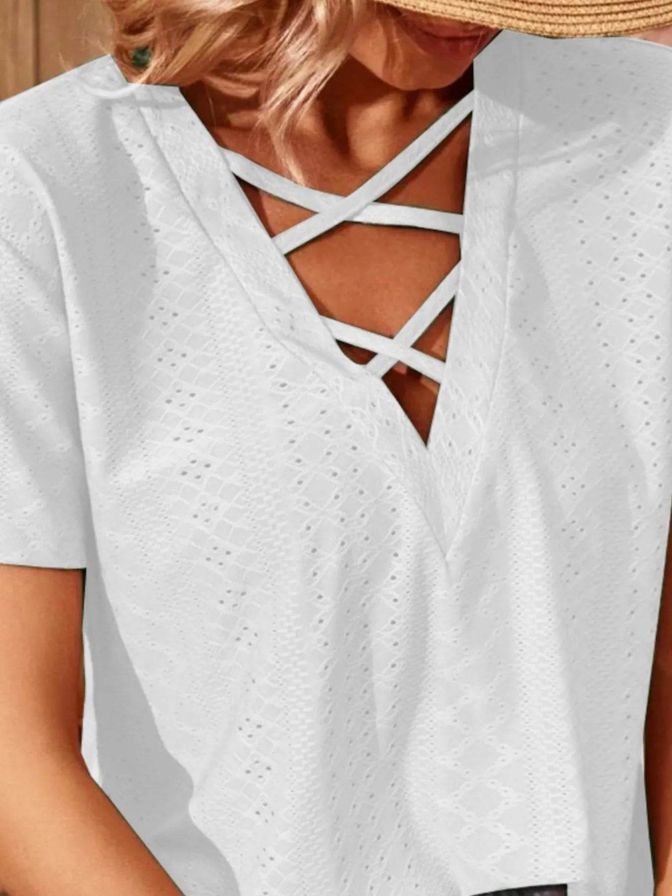Eyelet Crisscross Short Sleeve T-Shirt Trendsi 070c67a0-84fe-44de-a1a3-b9e0512166b6-Max-Origin