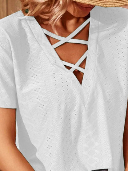 Eyelet Crisscross Short Sleeve T-Shirt Trendsi 070c67a0-84fe-44de-a1a3-b9e0512166b6-Max-Origin