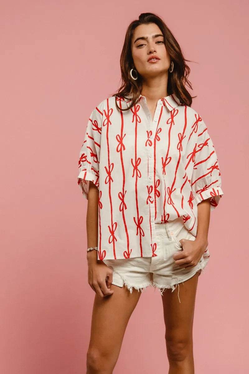 BiBi Bow Ribbon Woven Printed Button Down Shirt Trendsi 07151efead54472db2983b09d06f34f5-Max-Origin