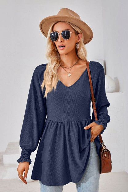 V-Neck Lantern Sleeve Blouse Dark Blue Trendsi 07342158582d4966b5d18c31dd5faccd-Max