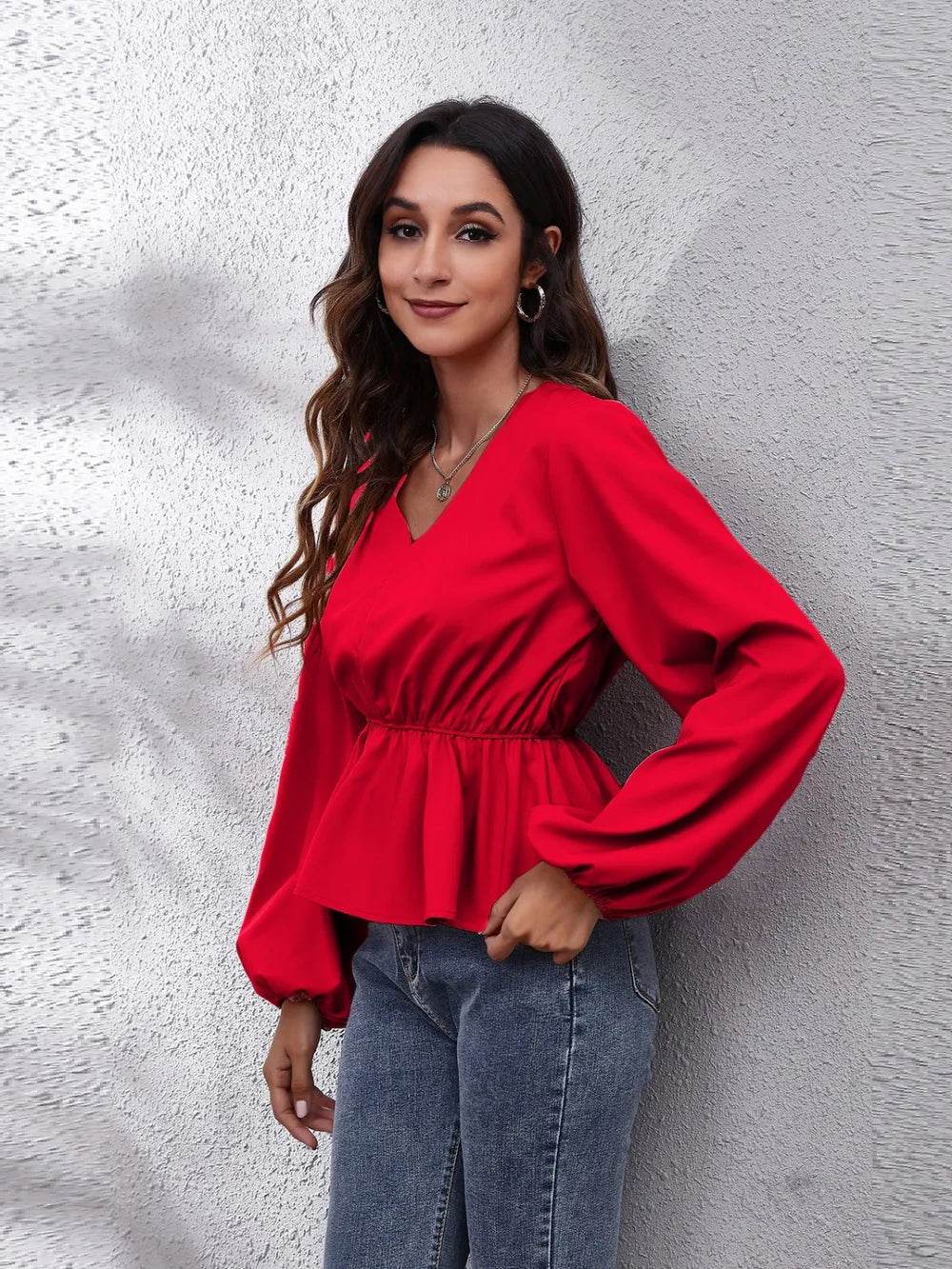 V-Neck Balloon Sleeve Peplum Blouse Trendsi 074110b88bfc453b899d9a4cfc360bec-Max