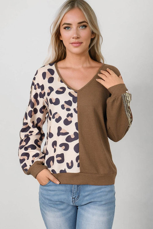 Leopard V-Neck Waffle-Knit Top Trendsi 0746fb867b1f40868b56eabe37cc5cd0-Max