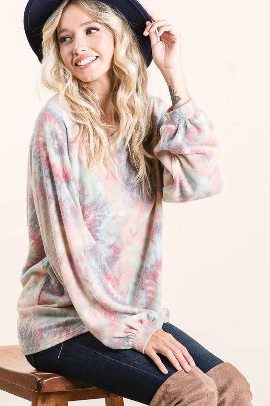 BiBi Brushed Tie Dye Print Top with Puff Sleeves Trendsi 076d450cc83d4a81a1a430a793f3b766-Max-Origin