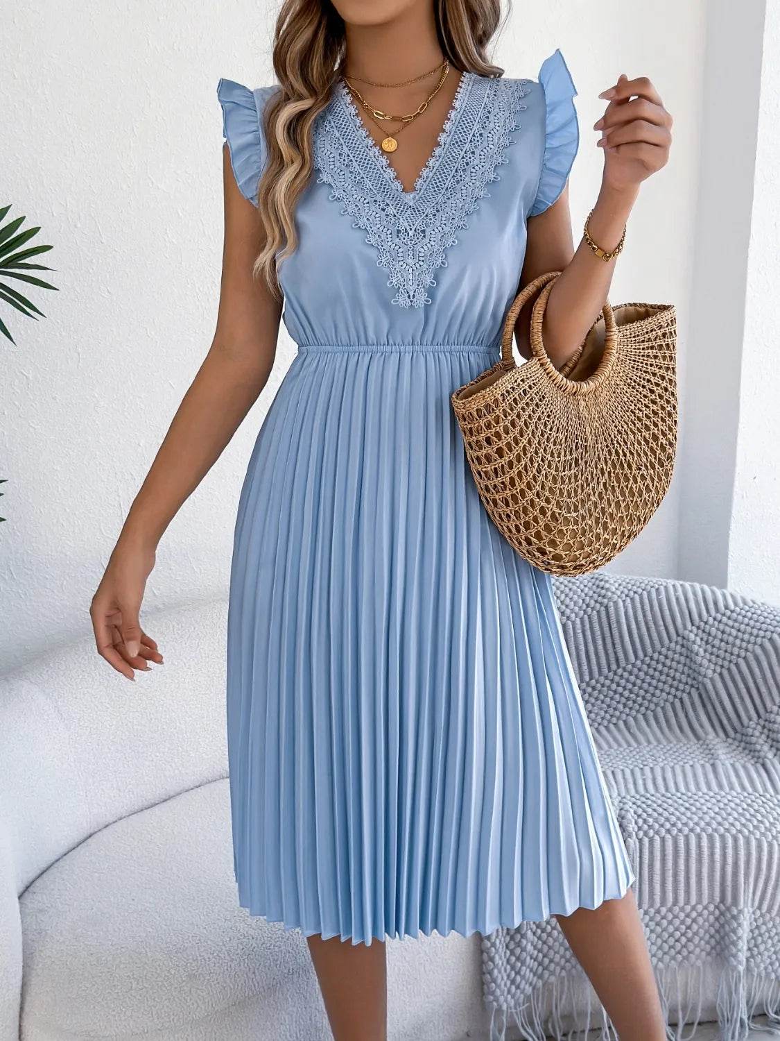 Lace Detail Ruffled Cap Sleeve Pleated Dress Sky Blue Trendsi 078e507e-7585-418e-b202-1aab2608719a-Max-Origin