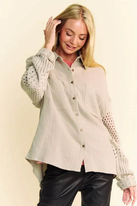 Davi & Dani Crochet Sleeve Crinkled Texture Shirt Khaki Trendsi 07a9028c-2bd1-4ccc-a2e6-ab3e052f8da5-Max