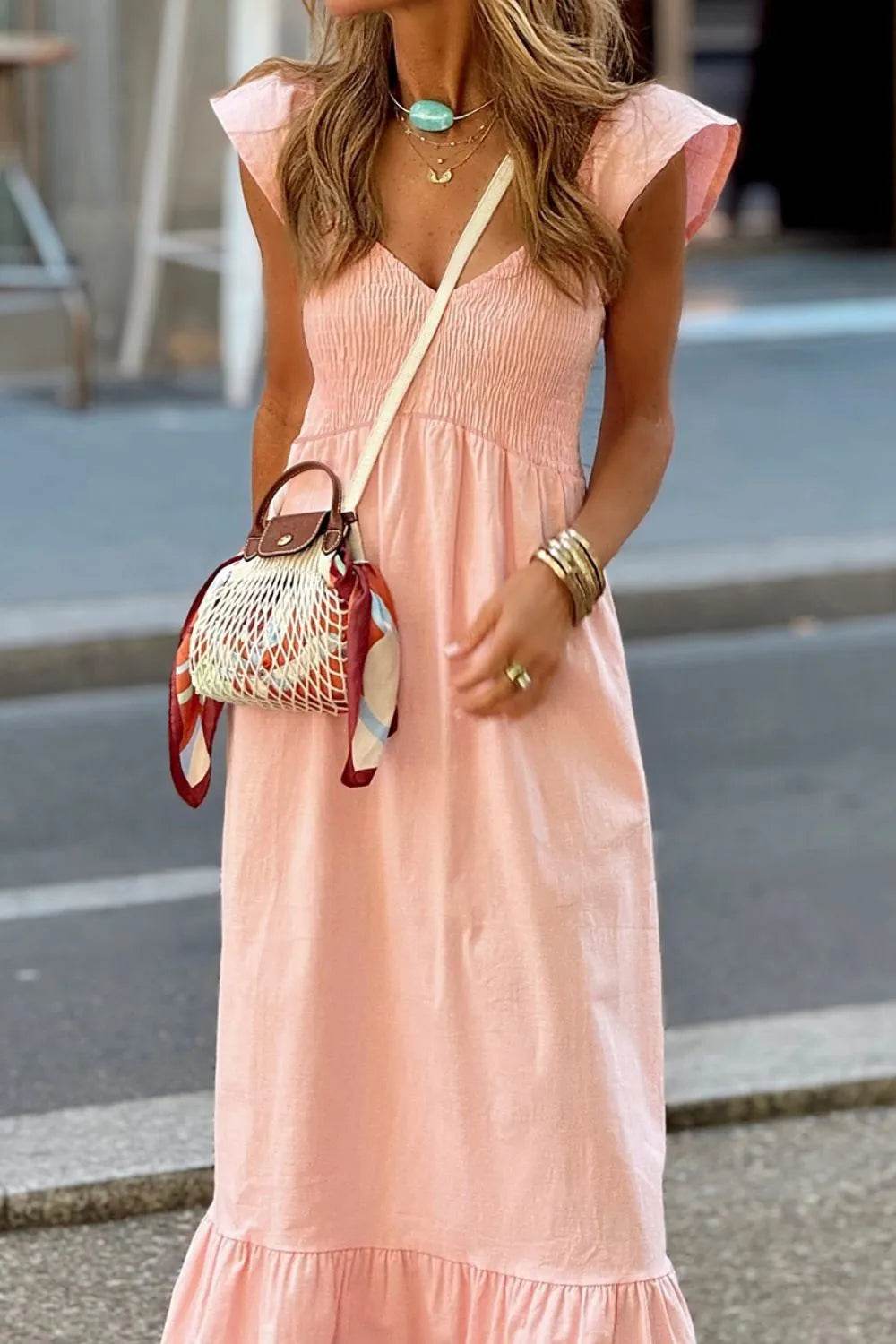 V Neck Ruffled Cap Sleeve Smocked Maxi Dress Trendsi 07a95ae3-fc73-4646-a157-4cca19d73b8d-Max-Origin