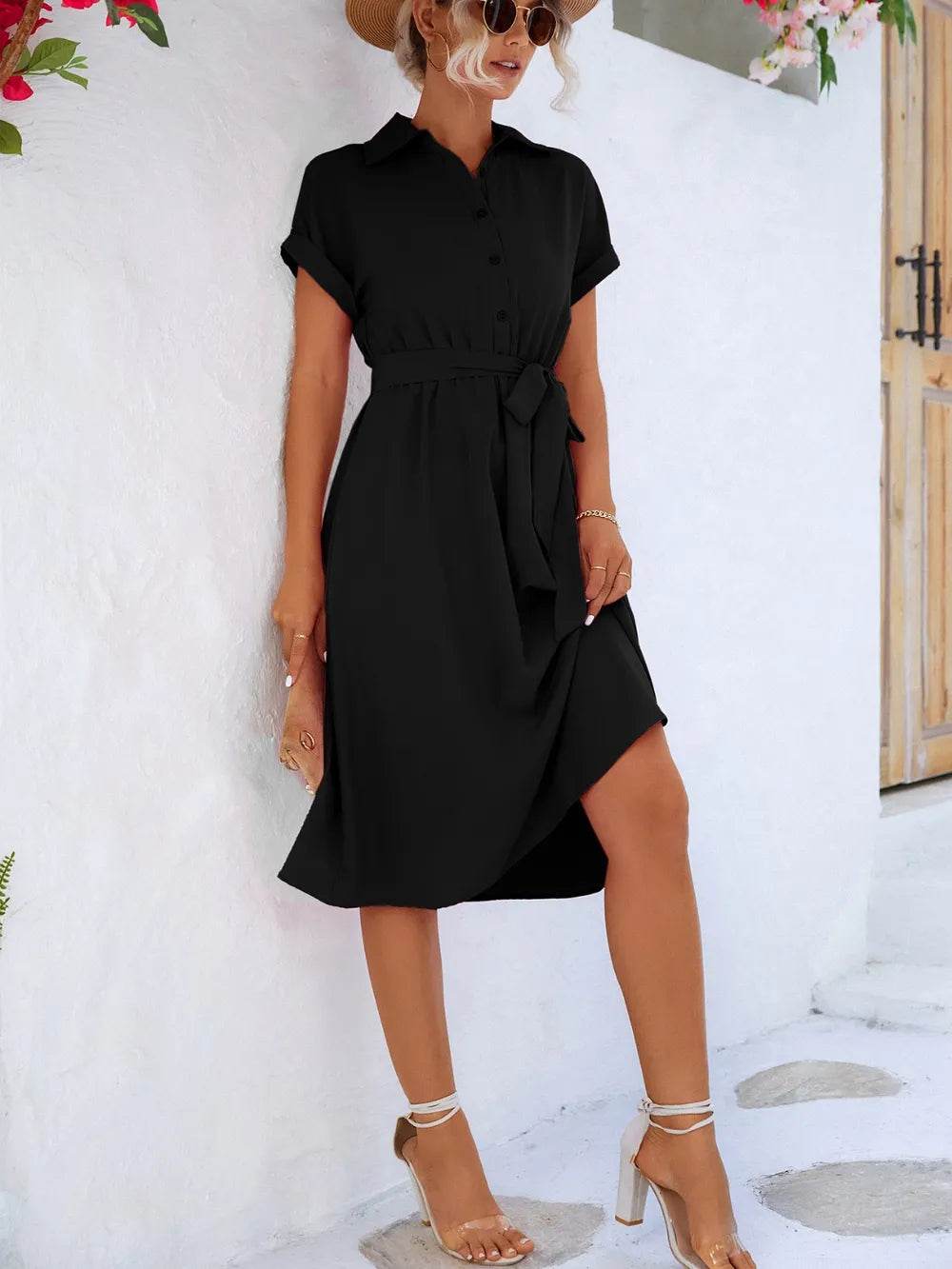 Buttoned Tie Waist Short Sleeve Dress Trendsi 07c6fc10-45a3-476e-902c-270a3310616f-Max