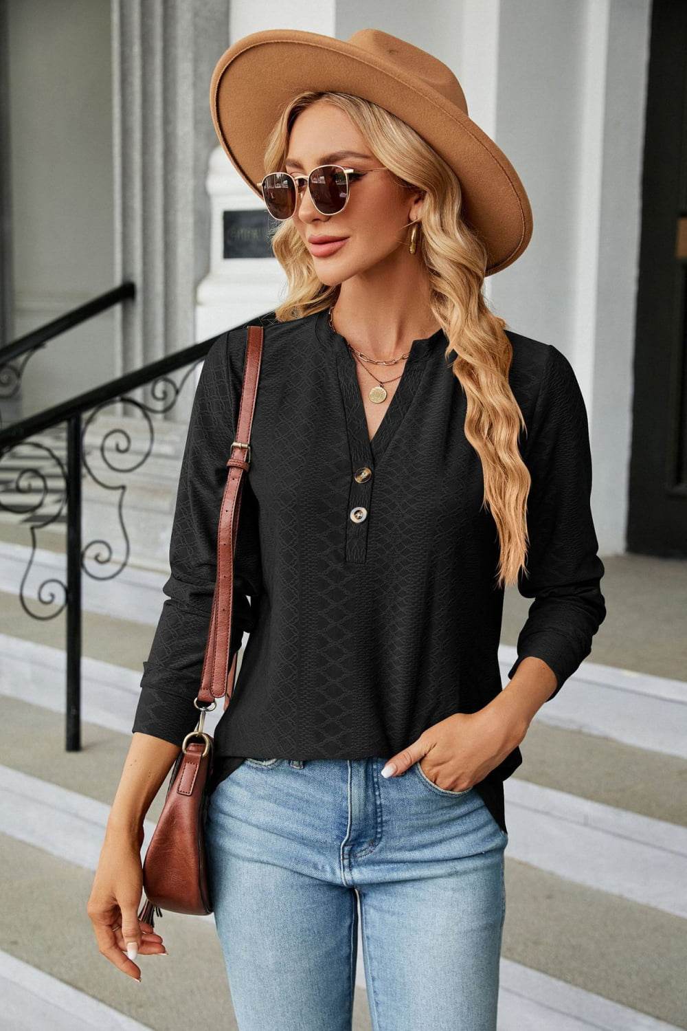 Notched Neck Long Sleeve Buttoned Blouse Trendsi 08058a444f80482992c3ccbe00f4e6d8-Max