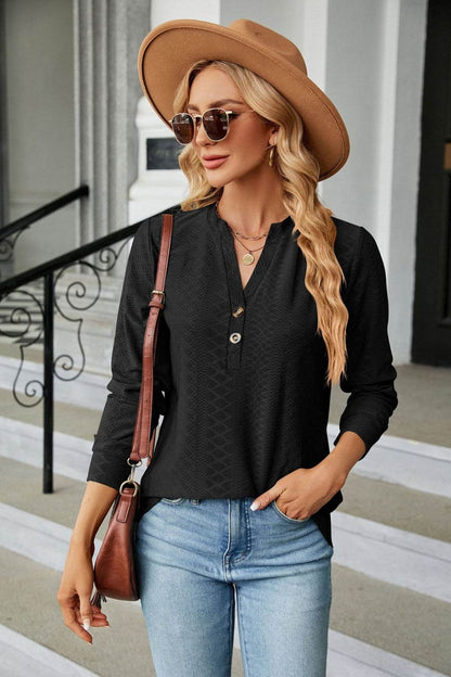 Notched Neck Long Sleeve Buttoned Blouse Trendsi 08058a444f80482992c3ccbe00f4e6d8-Max