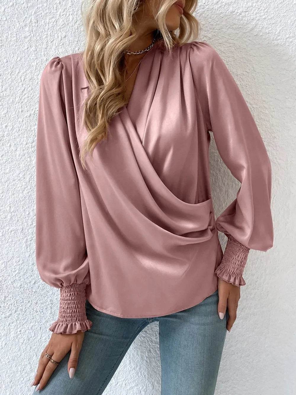 Surplice Smocked Lantern Sleeve Blouse Light Mauve Trendsi 08084aed9fca486c8b2bf97126cd20ce-Max