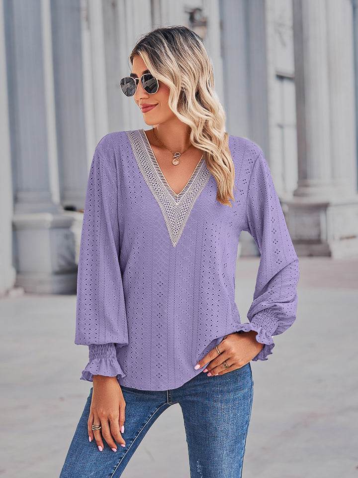 V-Neck Eyelet Flounce Sleeve Blouse Trendsi 0836c4e5bdfb4edb9acb52cc3fbe5acb-Max