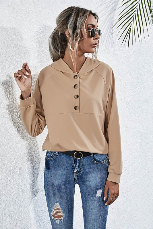 Buttoned Raglan Sleeve Hooded Blouse Tan Trendsi 083836b936e2474d8a0b512227f3c142-Max