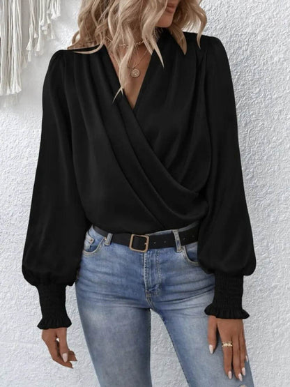 Surplice Smocked Lantern Sleeve Blouse Black Trendsi 08943aab6e6f4fa38025d192a6ae56c4-Max