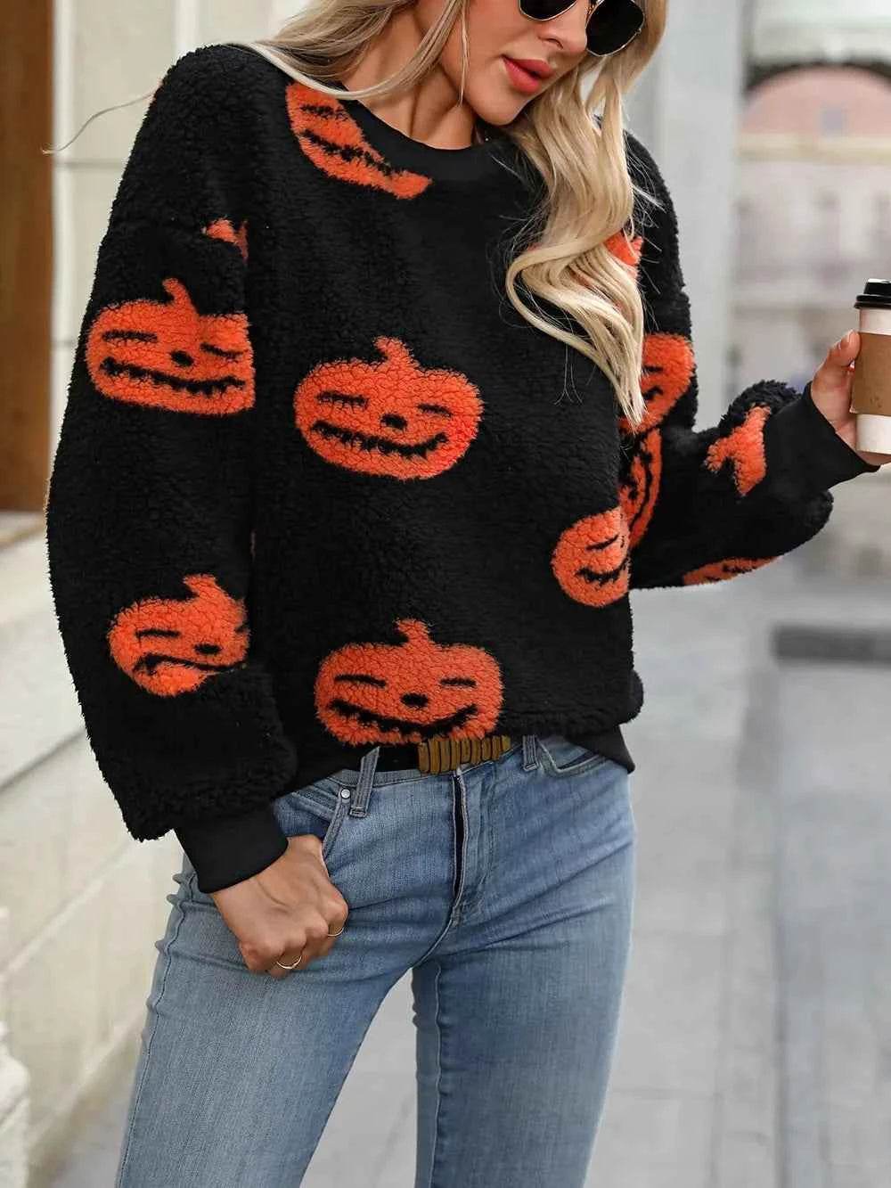 Fuzzy Pumpkin Round Neck Dropped Shoulder Sweater Trendsi 0898f5a2-1d87-4ff1-9bdc-d456e1e931d8-Max